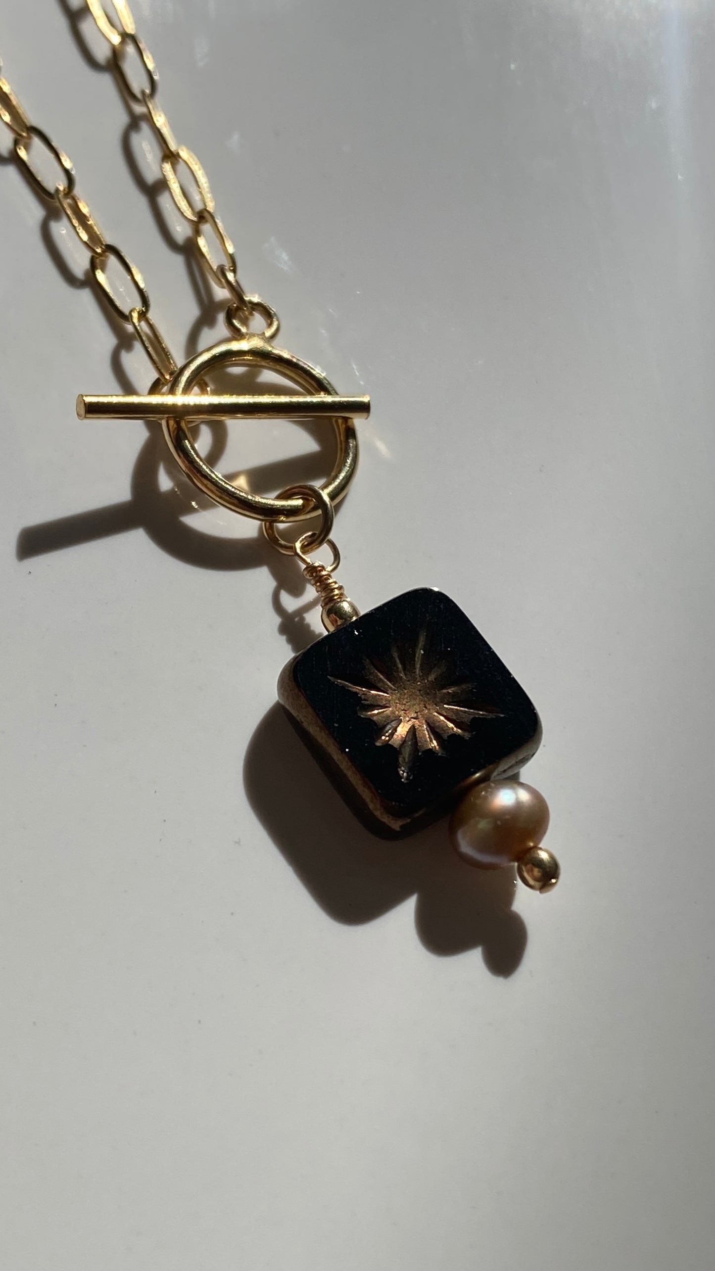 Starburst Mocha 100 year old Glass blown detail with Fresh Water Pearl accent 18in Necklace on 14K Gold Filled Paperclip chain