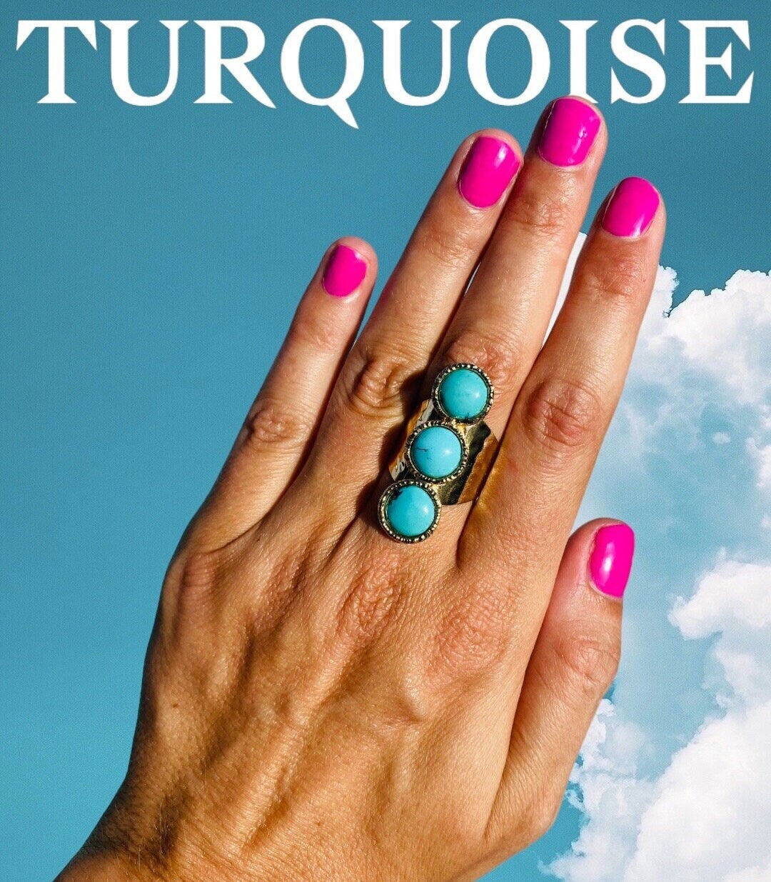 Turquoise 3 Stone | Cuff Statement Ring in 24K Gold Overlay