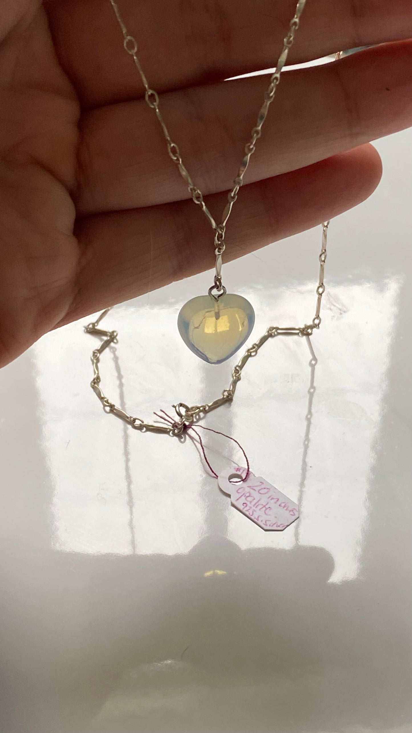 Opalite Heart drop down 20’ Necklace in Sterling Silver