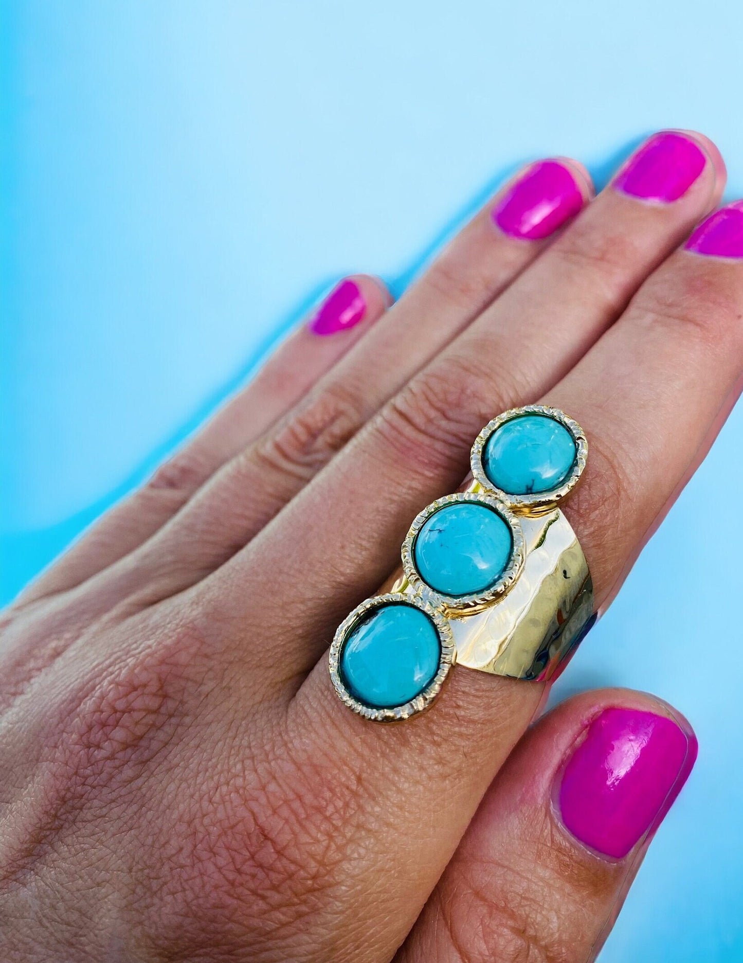 Turquoise 3 Stone | Cuff Statement Ring in 24K Gold Overlay