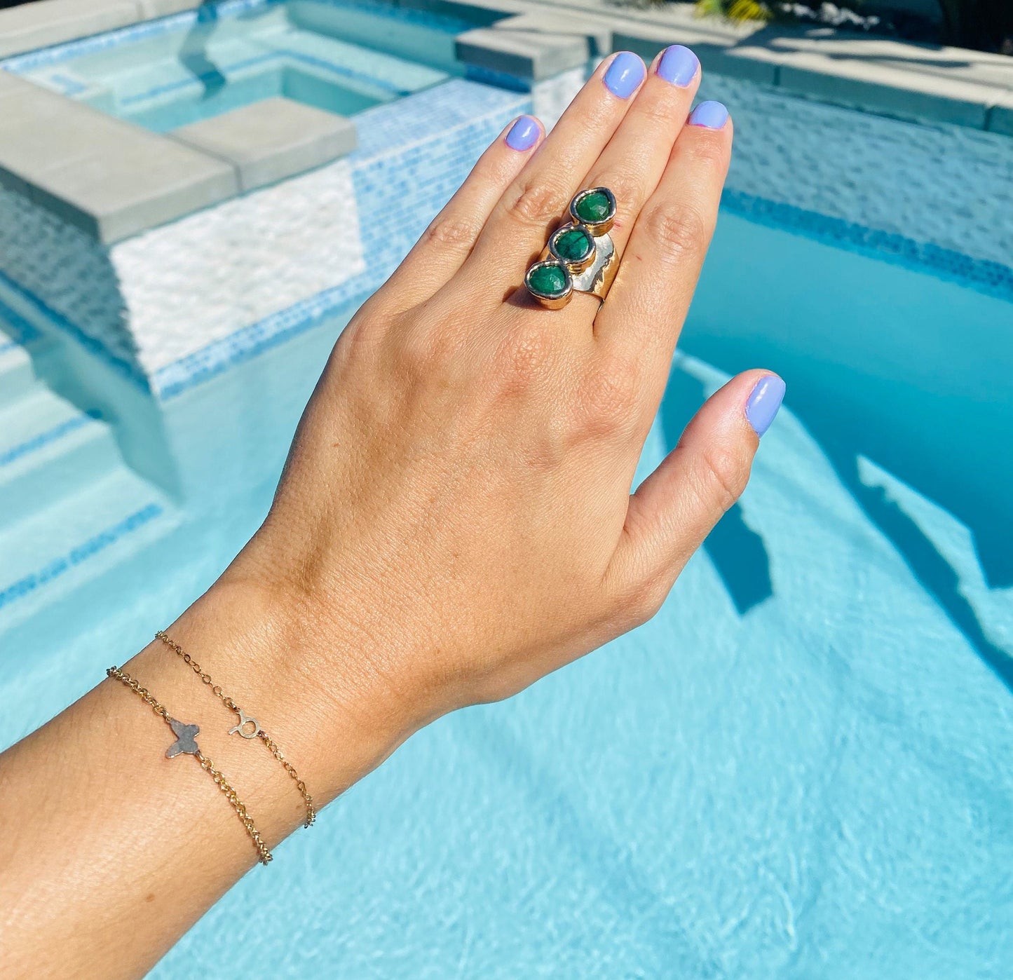 Emerald Three Stone Cuff Ring 24K Gold Overlay