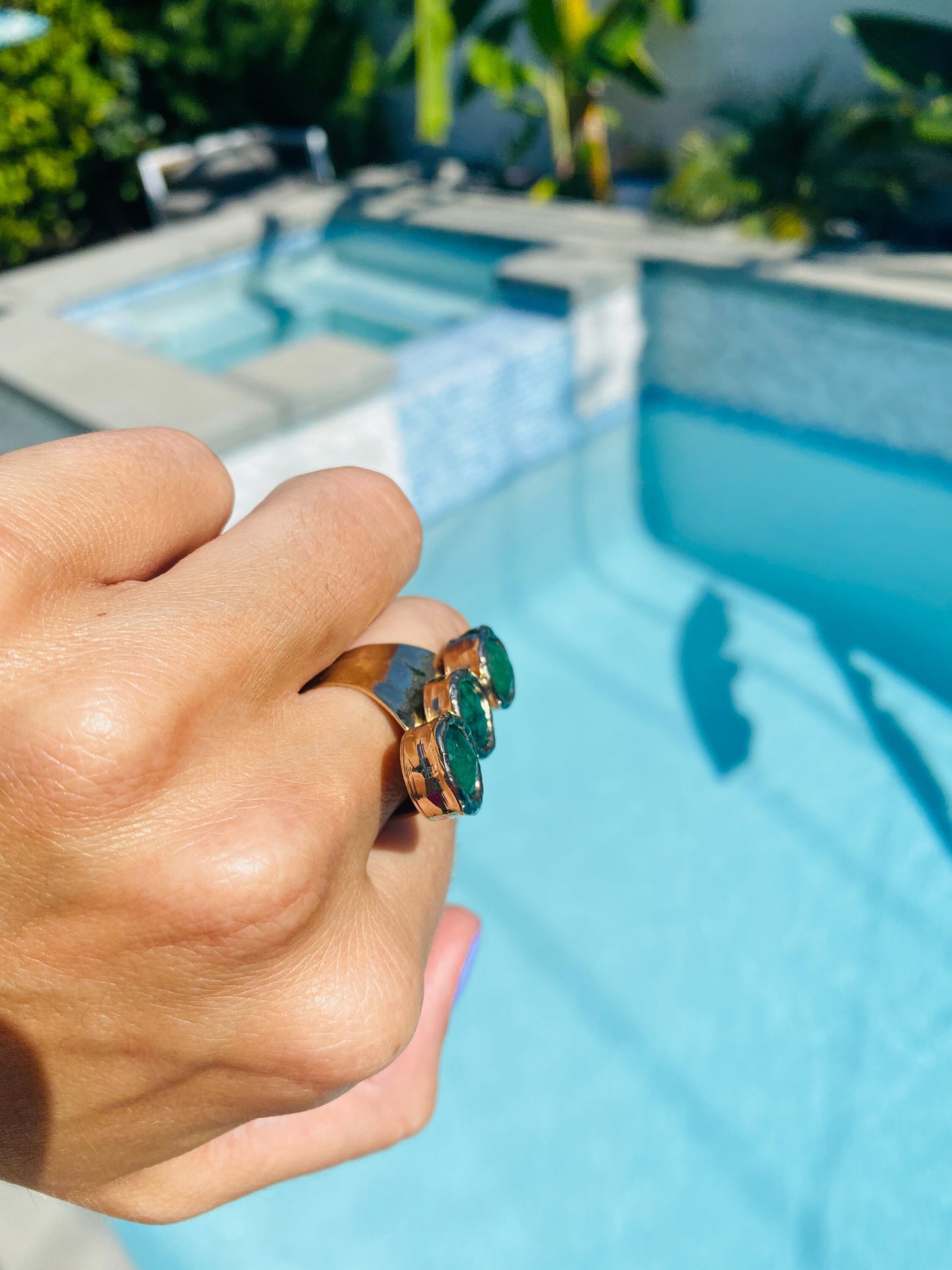 Emerald Three Stone Cuff Ring 24K Gold Overlay