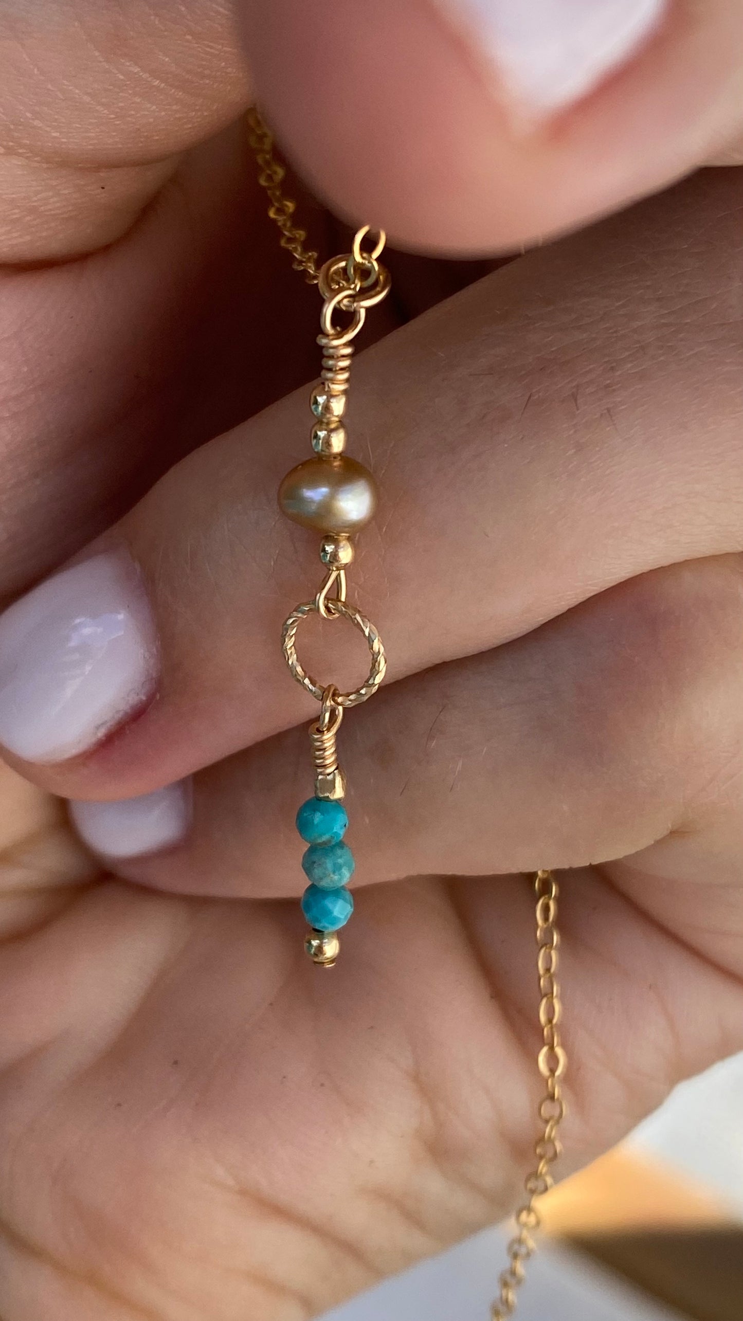 Drop down Turquoise FW Pearl drop Necklace 18’ 14K Gold Filled