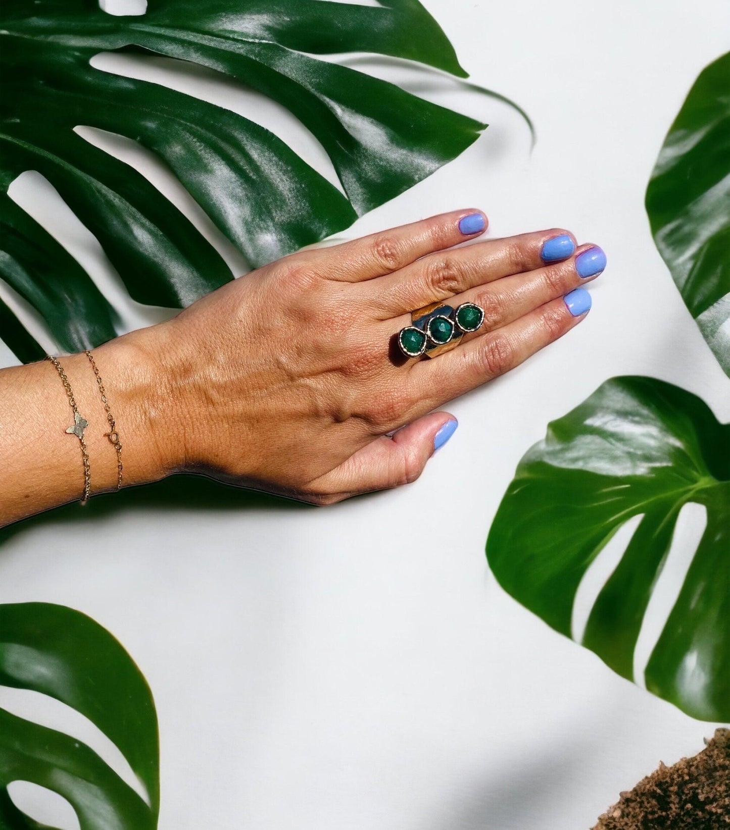 Emerald Three Stone Cuff Ring 24K Gold Overlay