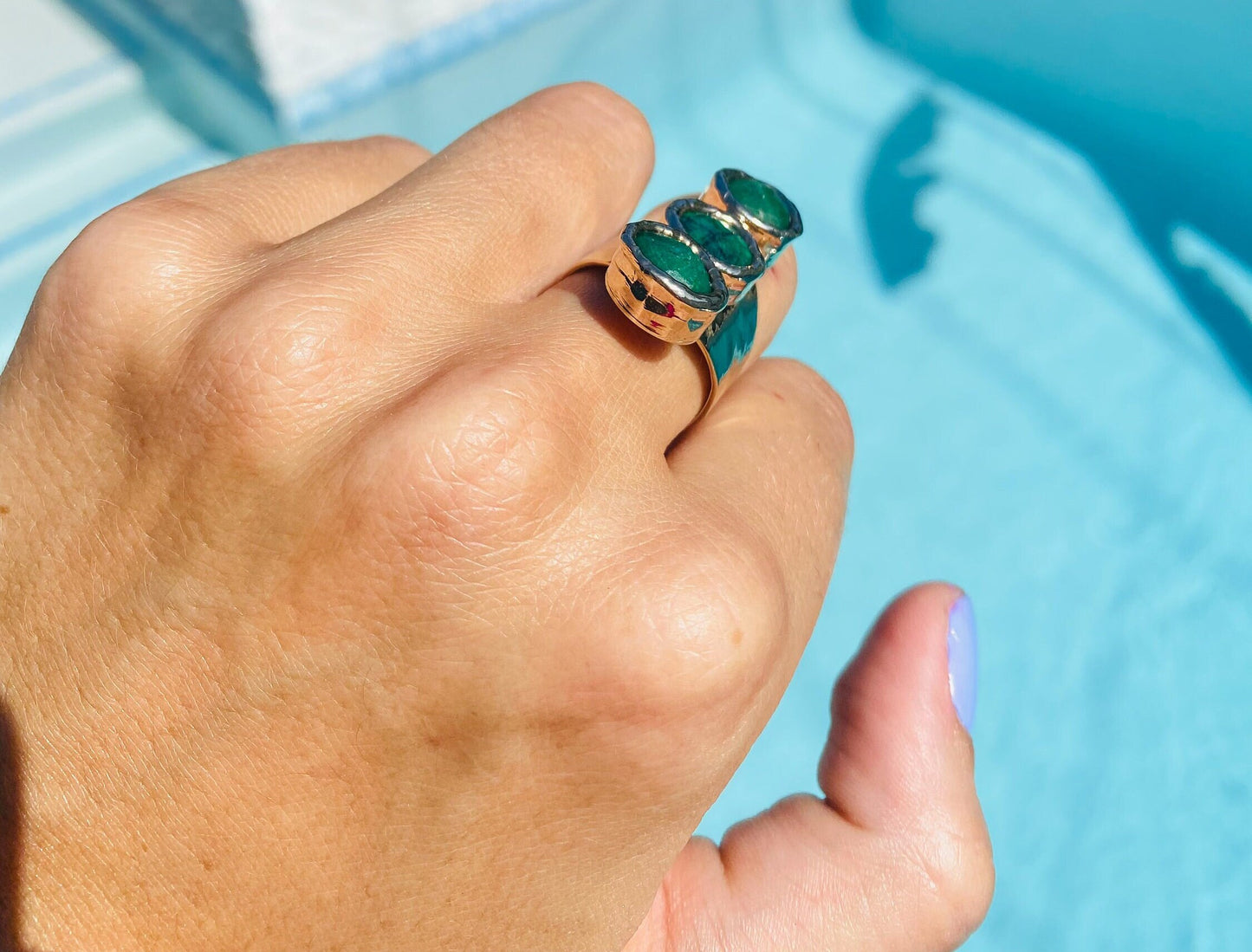 Emerald Three Stone Cuff Ring 24K Gold Overlay