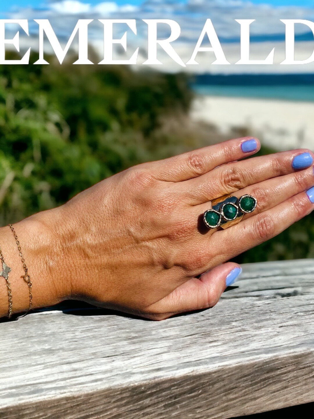 Emerald Three Stone Cuff Ring 24K Gold Overlay