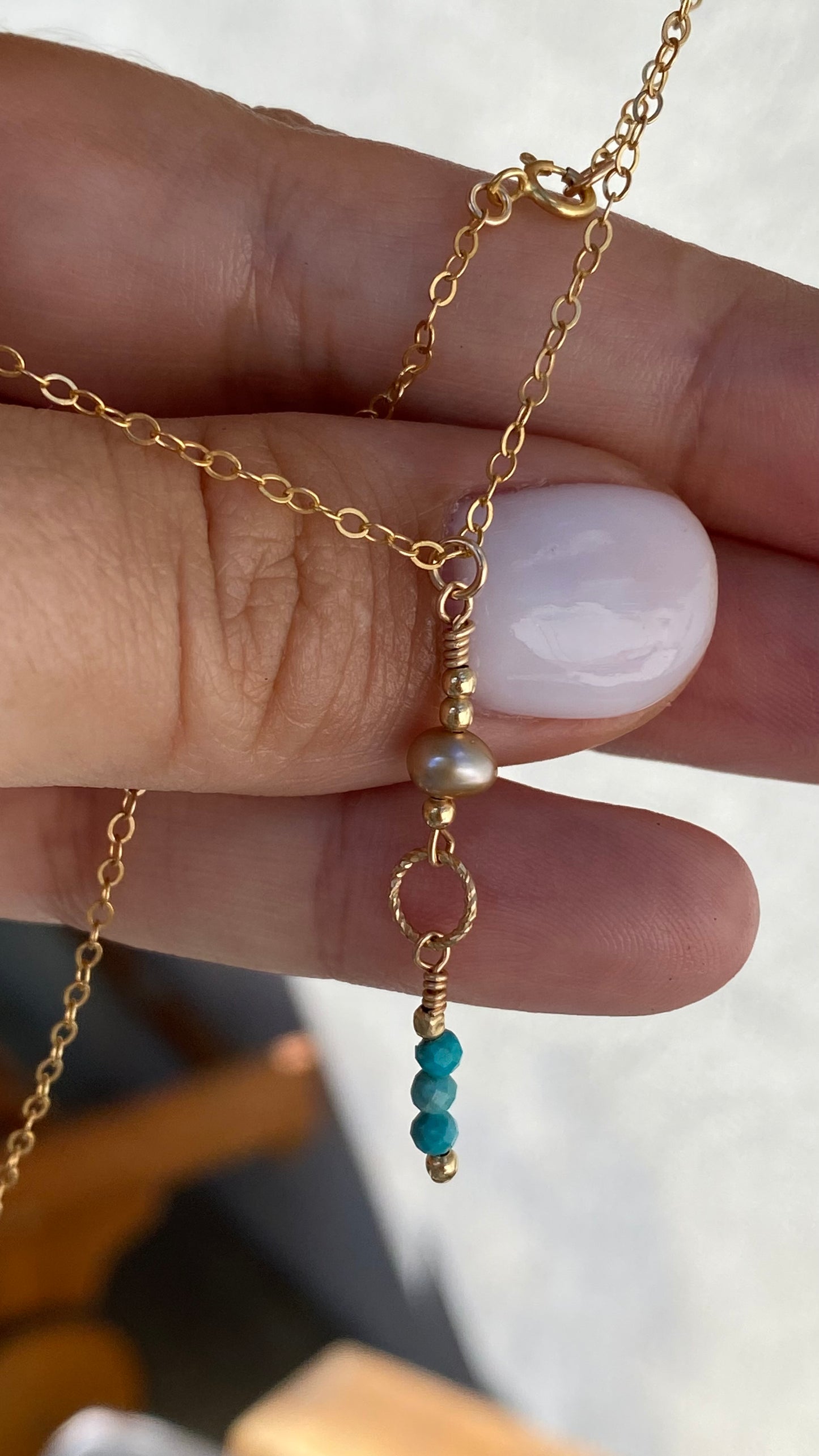 Drop down Turquoise FW Pearl drop Necklace 18’ 14K Gold Filled
