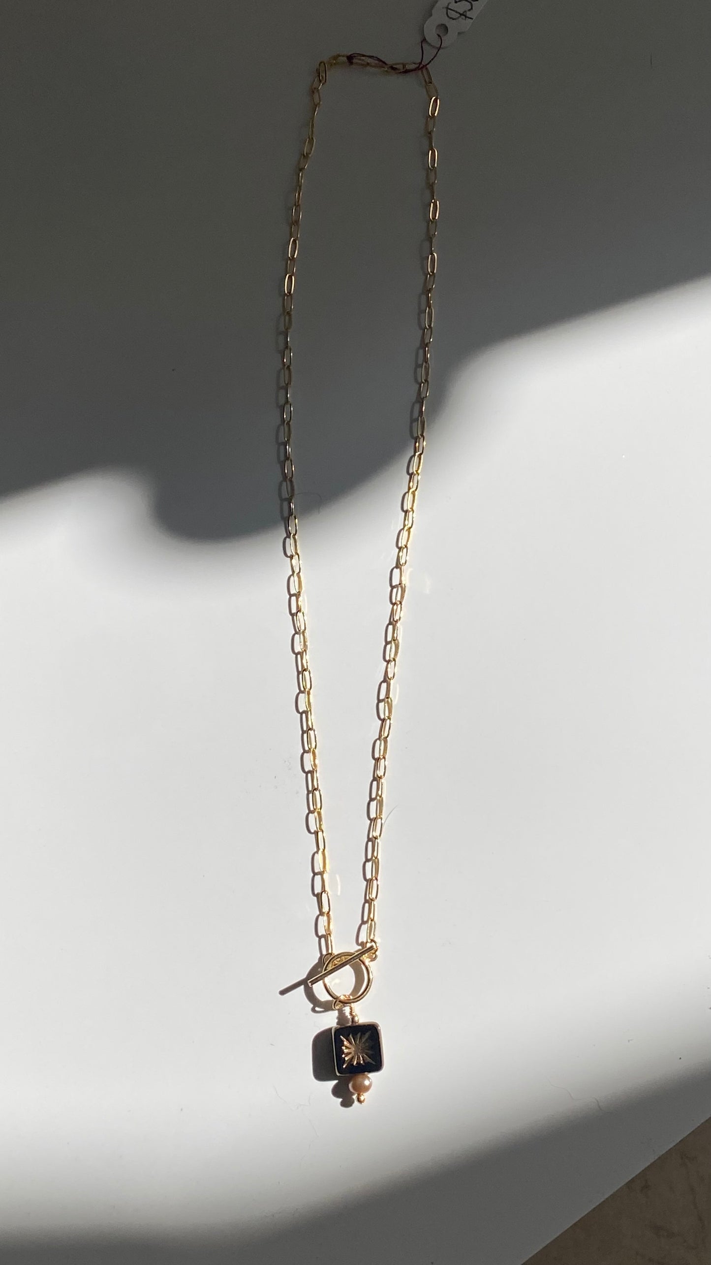 Starburst Mocha 100 year old Glass blown detail with Fresh Water Pearl accent 18in Necklace on 14K Gold Filled Paperclip chain