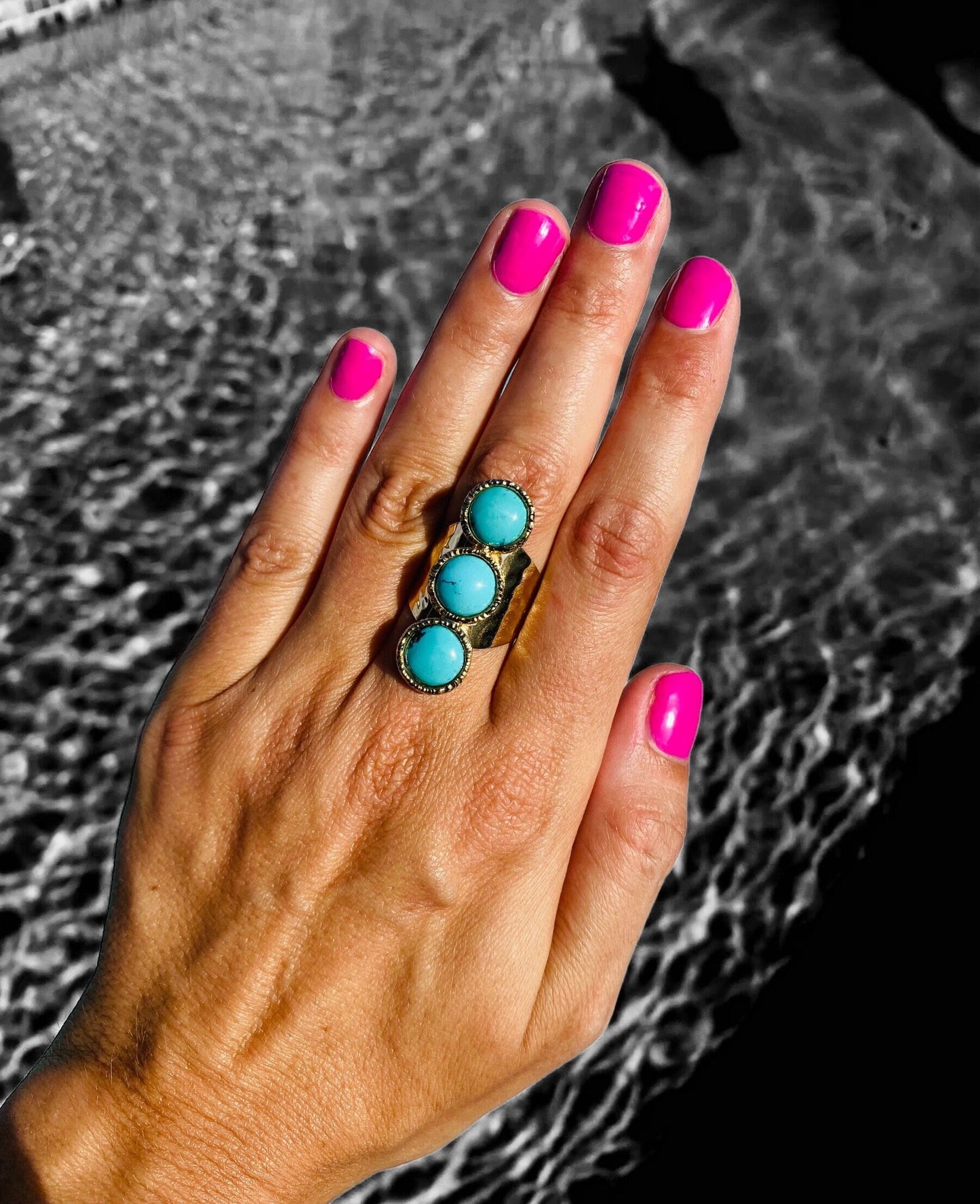 Turquoise 3 Stone | Cuff Statement Ring in 24K Gold Overlay