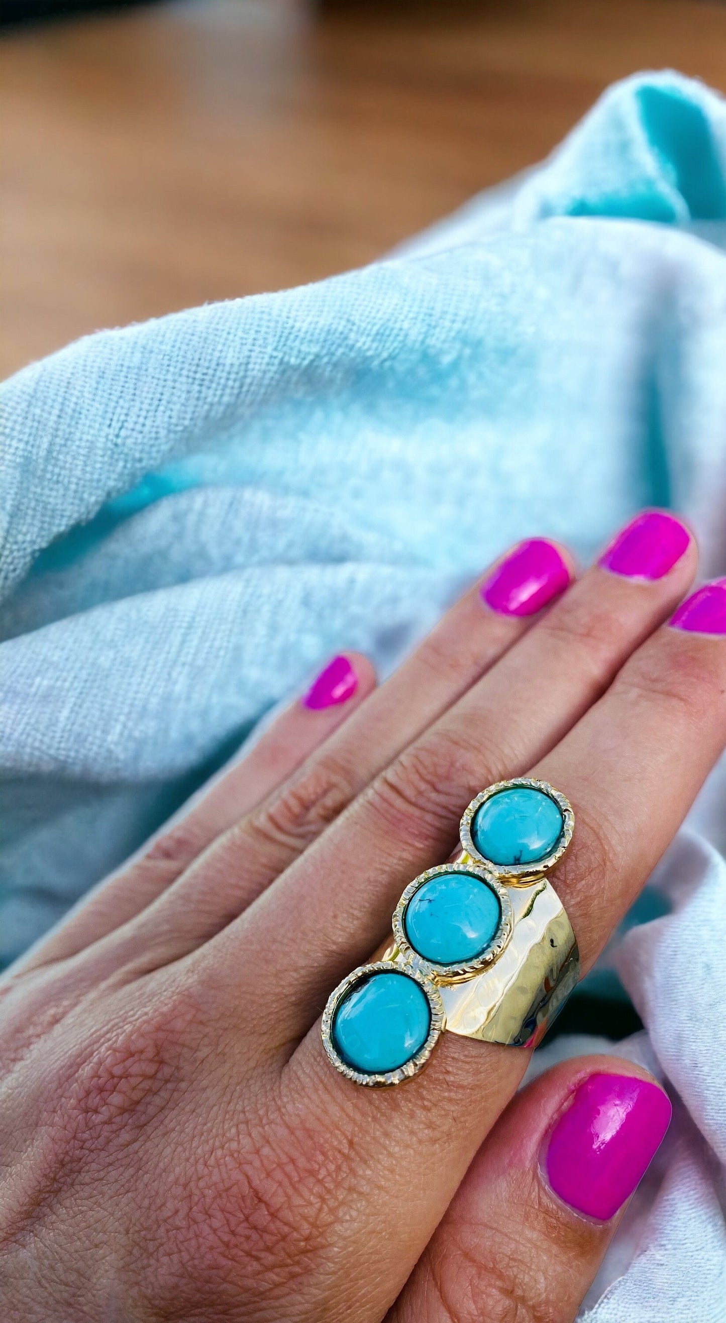 Turquoise 3 Stone | Cuff Statement Ring in 24K Gold Overlay