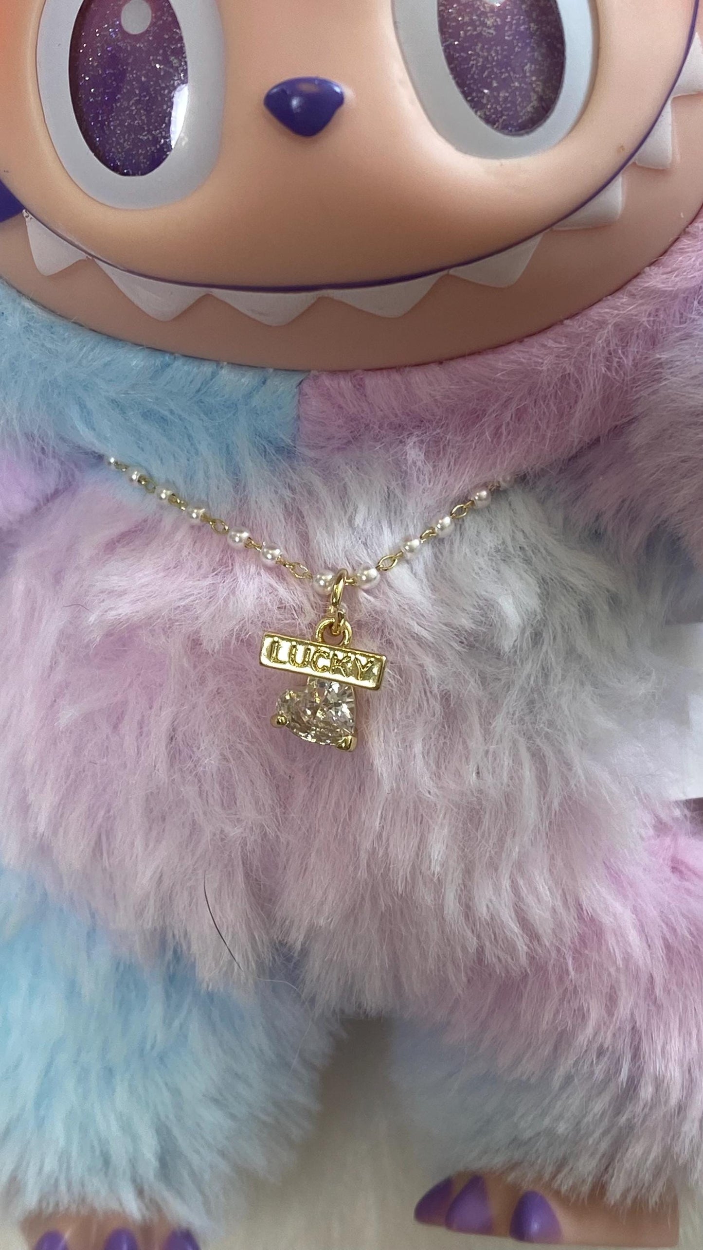 Labubu | Mini Necklace with gem charm | Lucky Heart charm Necklace 5 inches with a clasp