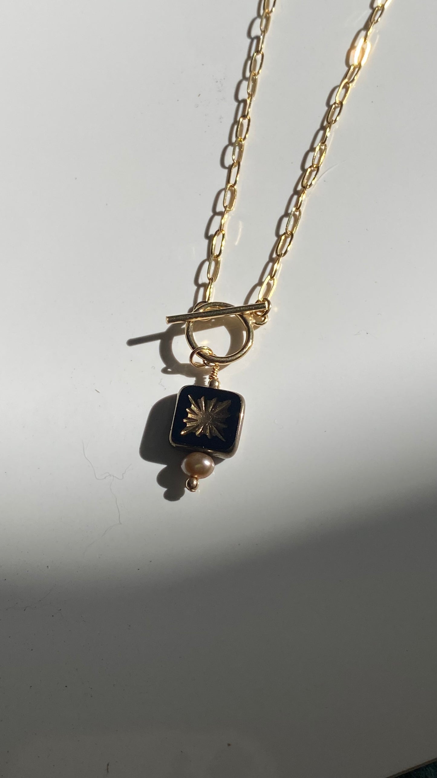 Starburst Mocha 100 year old Glass blown detail with Fresh Water Pearl accent 18in Necklace on 14K Gold Filled Paperclip chain