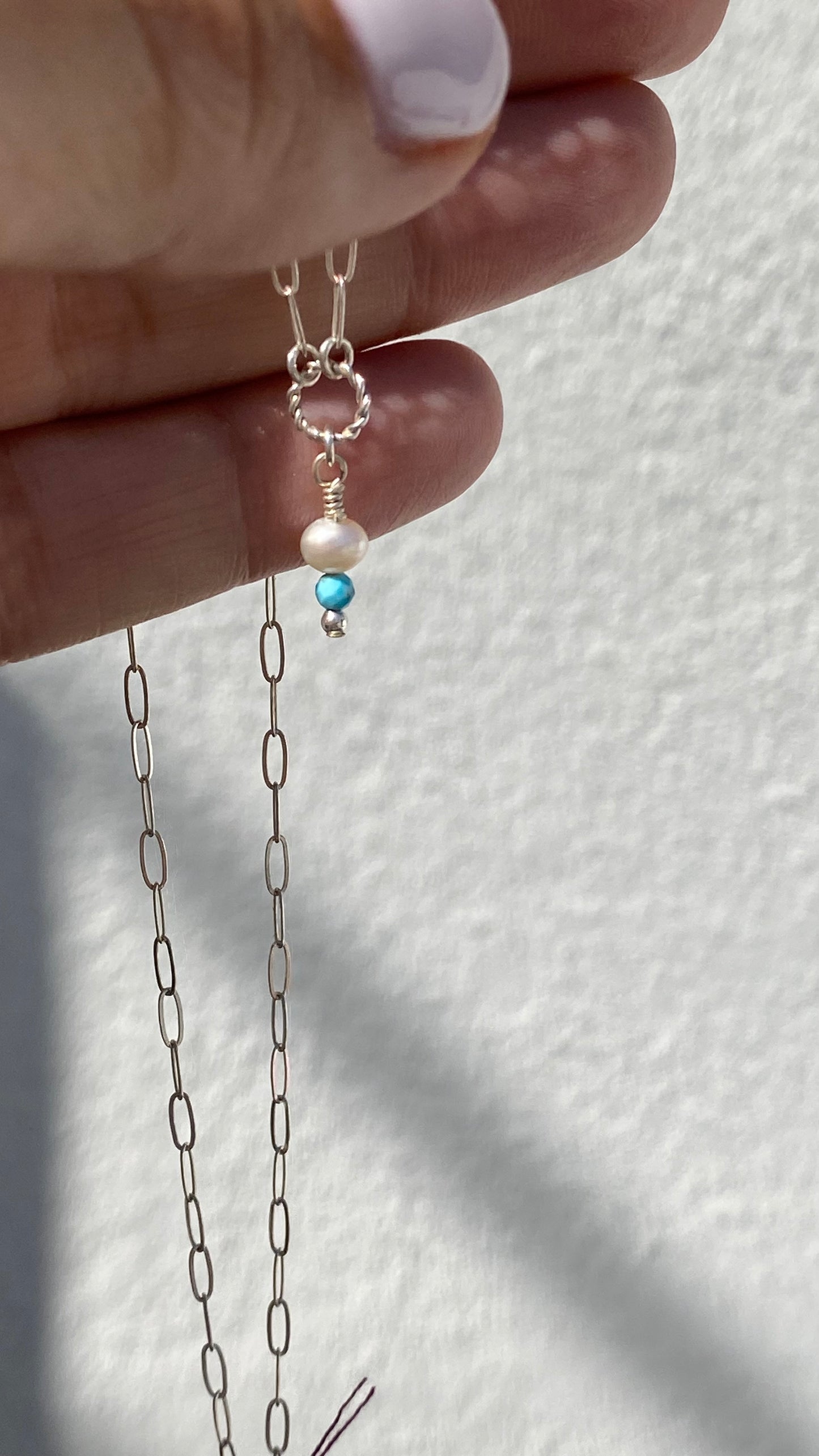 Arizona Turquoise • Fresh Water Pearl trio • dainty Necklace Sterling Silver 18’