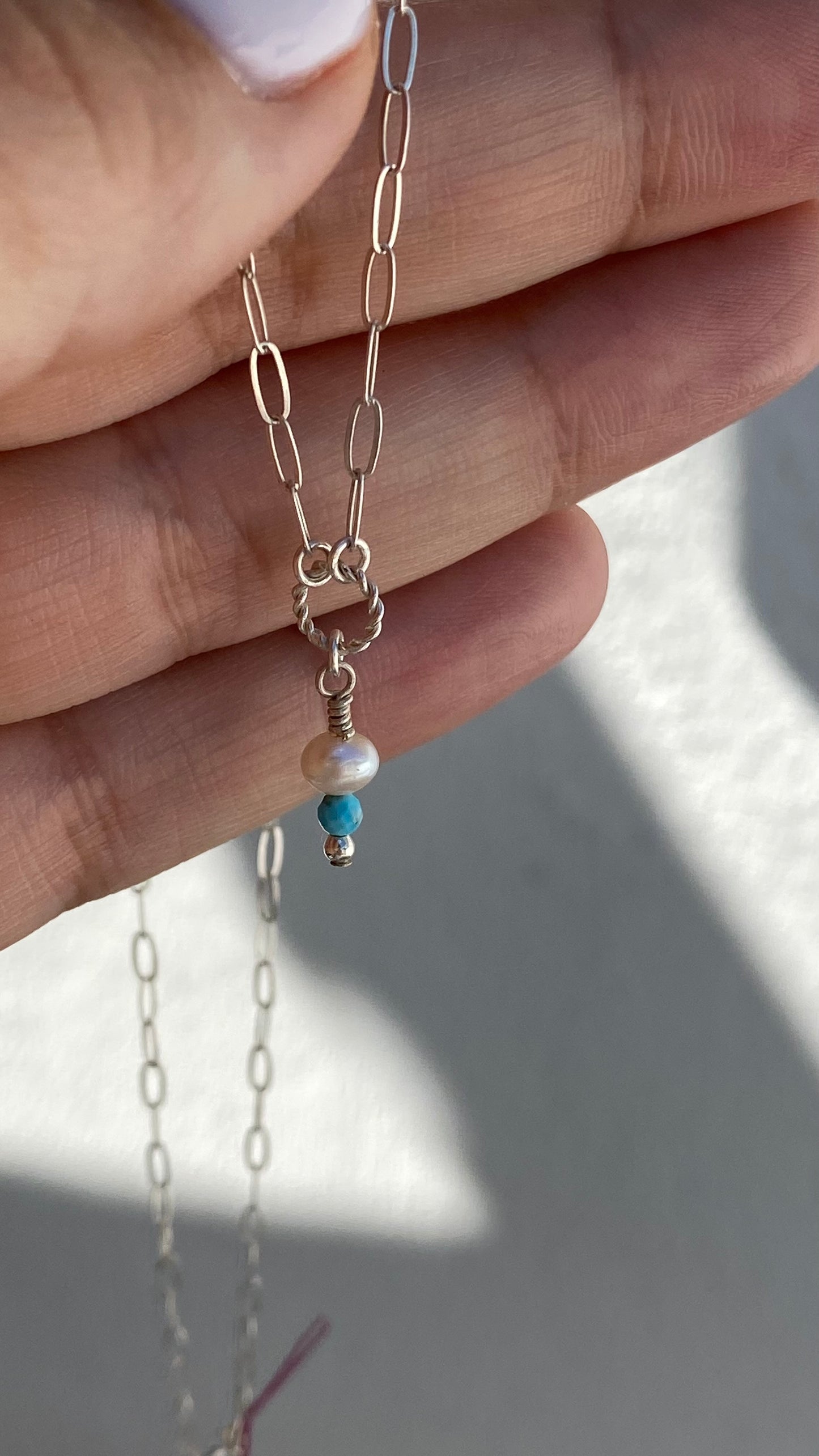Arizona Turquoise • Fresh Water Pearl trio • dainty Necklace Sterling Silver 18’