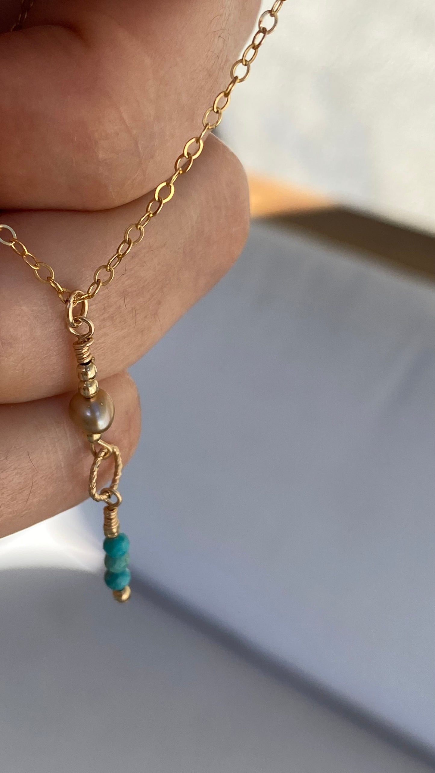Drop down Turquoise FW Pearl drop Necklace 18’ 14K Gold Filled