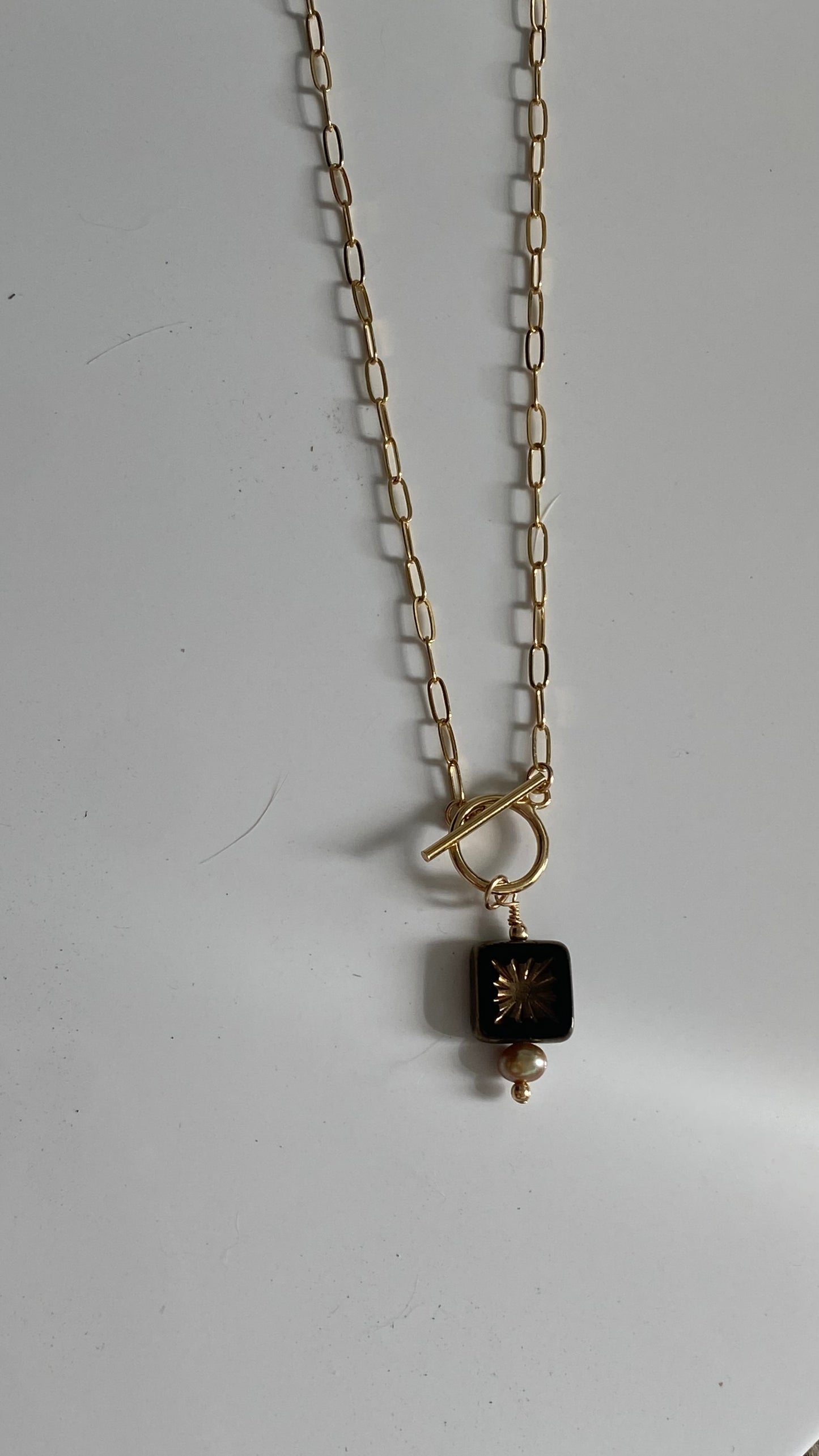 Starburst Mocha 100 year old Glass blown detail with Fresh Water Pearl accent 18in Necklace on 14K Gold Filled Paperclip chain