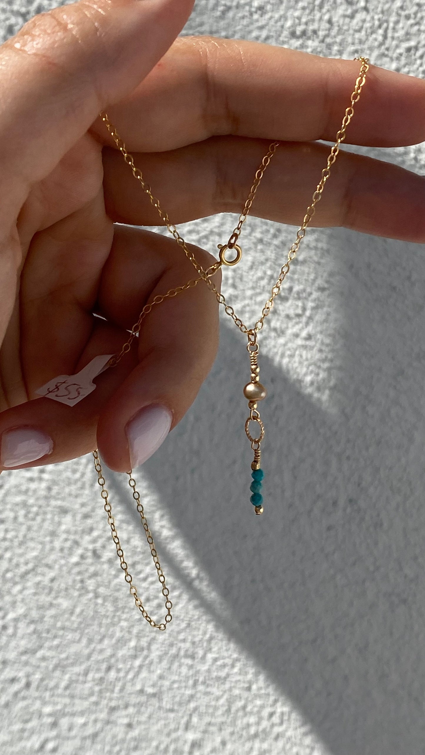 Drop down Turquoise FW Pearl drop Necklace 18’ 14K Gold Filled