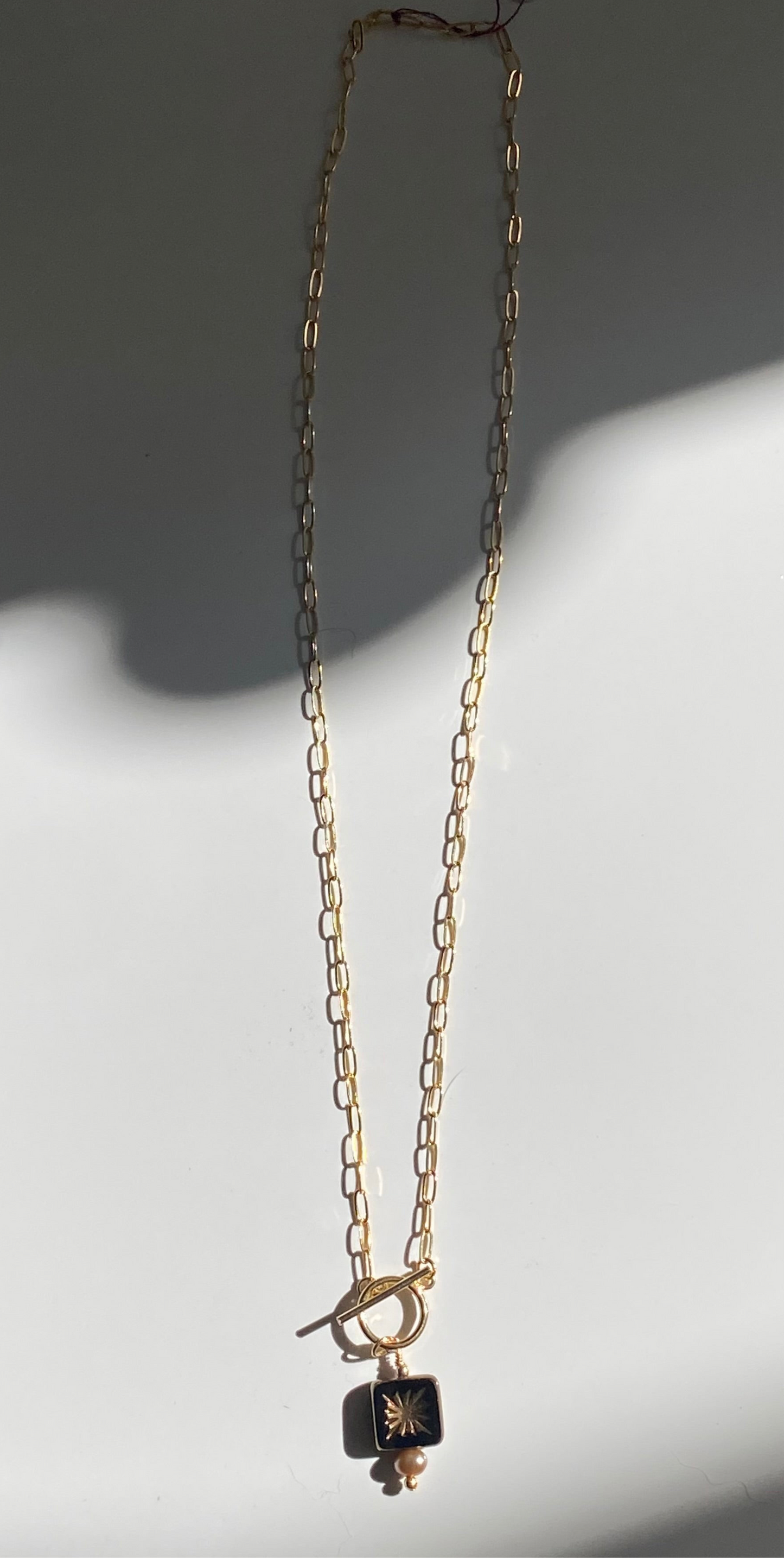 Starburst Mocha 100 year old Glass blown detail with Fresh Water Pearl accent 18in Necklace on 14K Gold Filled Paperclip chain