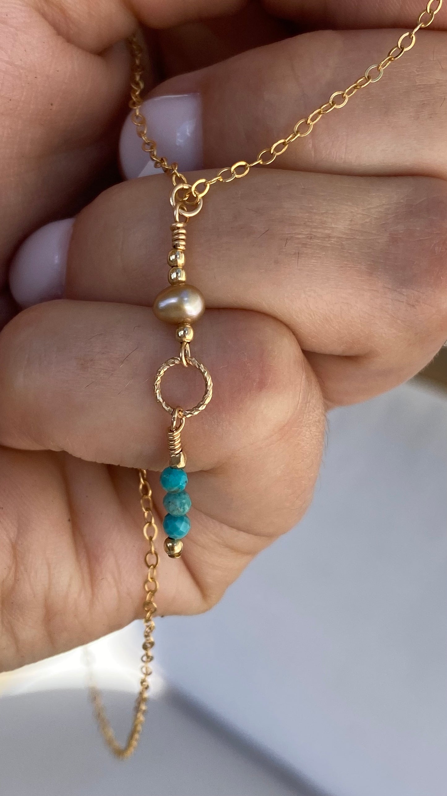 Drop down Turquoise FW Pearl drop Necklace 18’ 14K Gold Filled