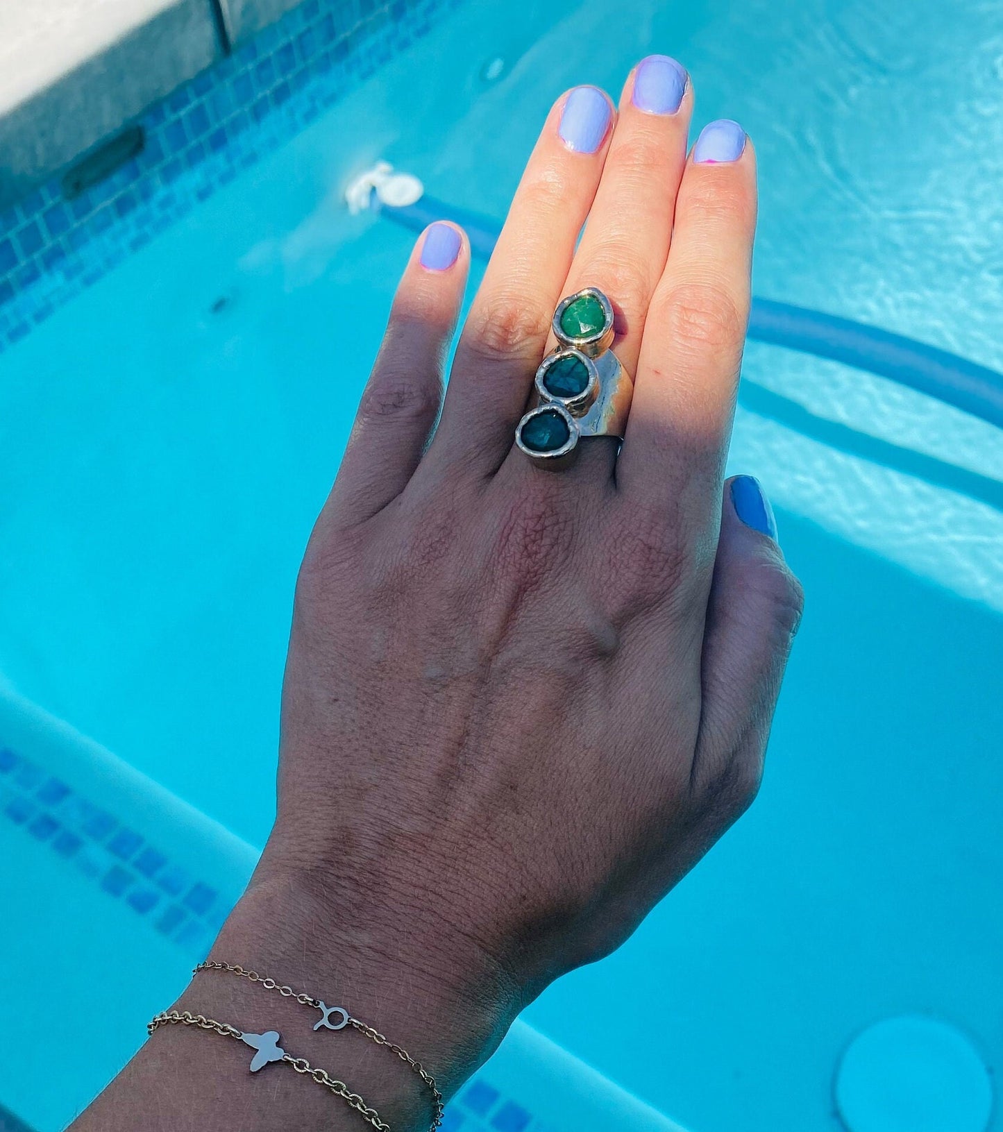 Emerald Three Stone Cuff Ring 24K Gold Overlay