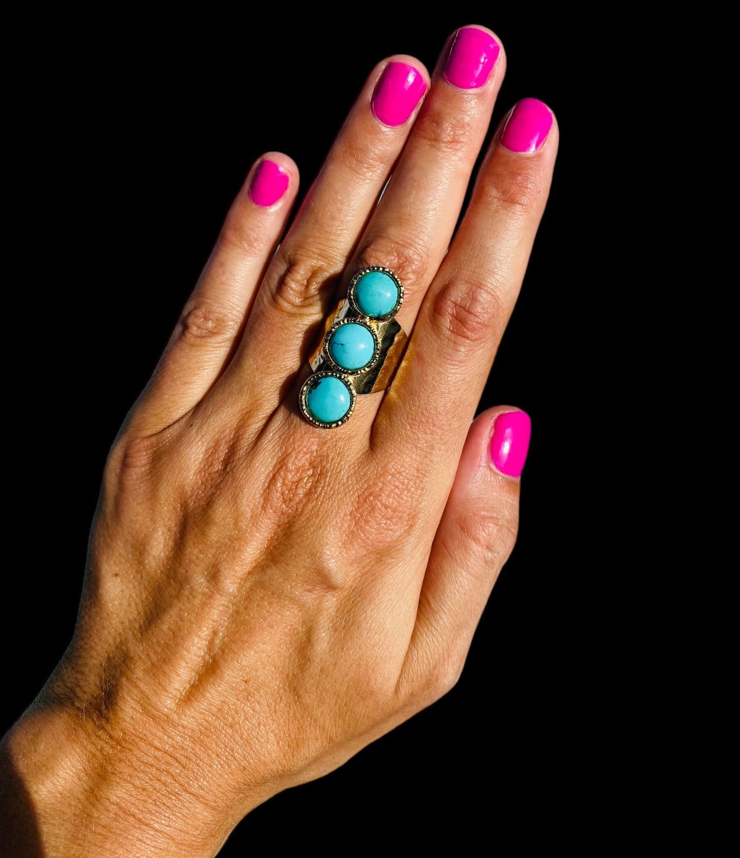 Turquoise 3 Stone | Cuff Statement Ring in 24K Gold Overlay