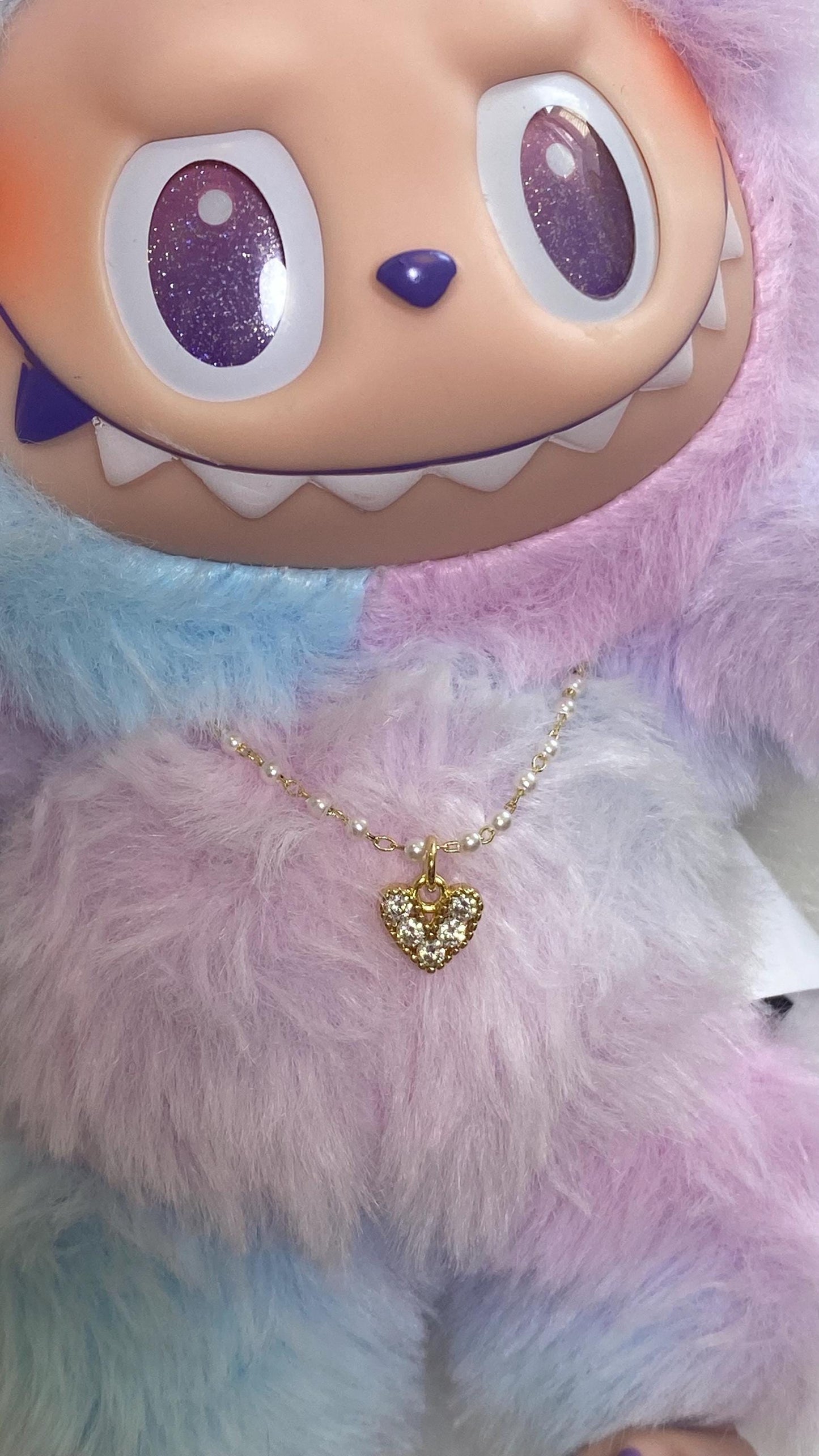 Labubu | Mini Necklace with gem charm | Tiny Heart charm Necklace 5 inches with a clasp