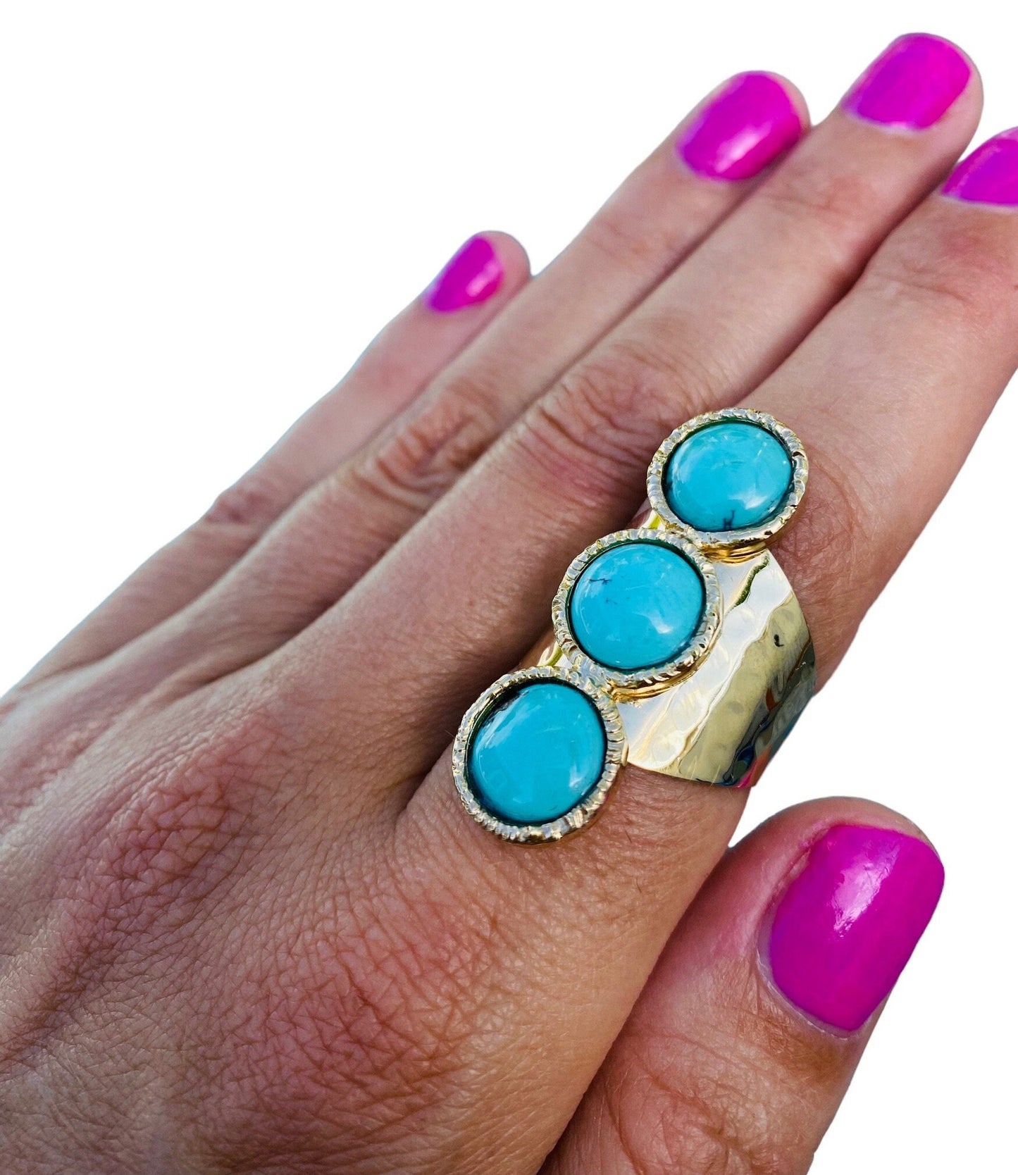 Turquoise 3 Stone | Cuff Statement Ring in 24K Gold Overlay