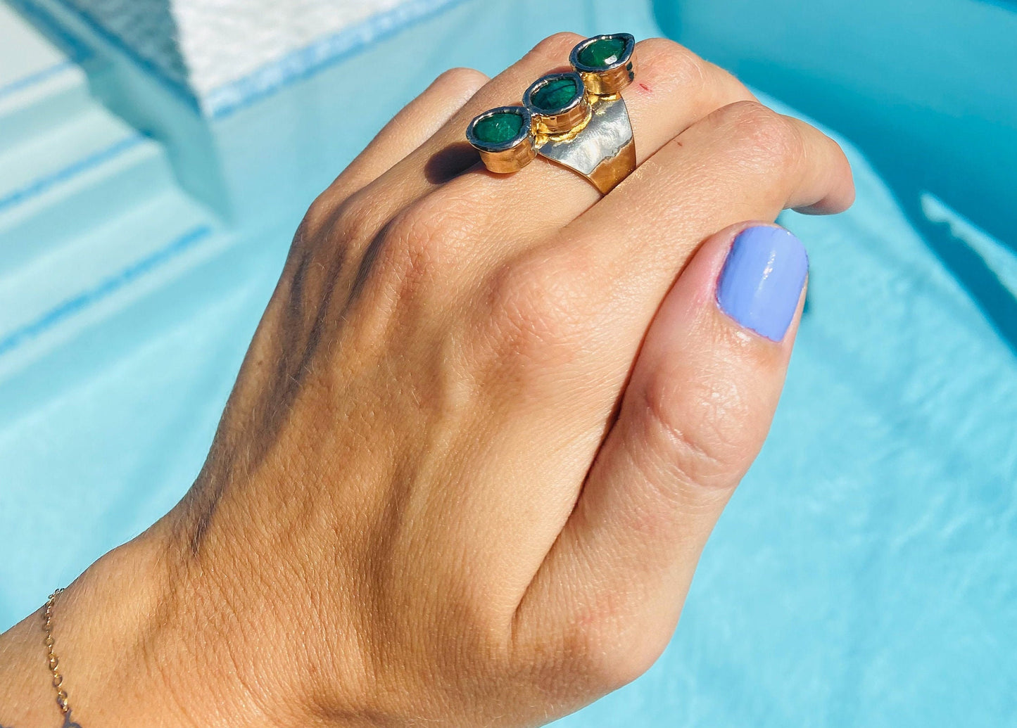 Emerald Three Stone Cuff Ring 24K Gold Overlay