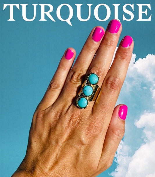 Turquoise 3 Stone | Cuff Statement Ring in 24K Gold Overlay