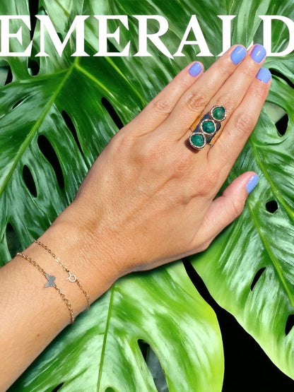 Emerald Three Stone Cuff Ring 24K Gold Overlay