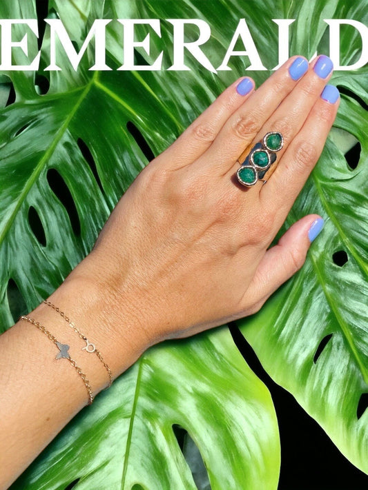Emerald Three Stone Cuff Ring 24K Gold Overlay