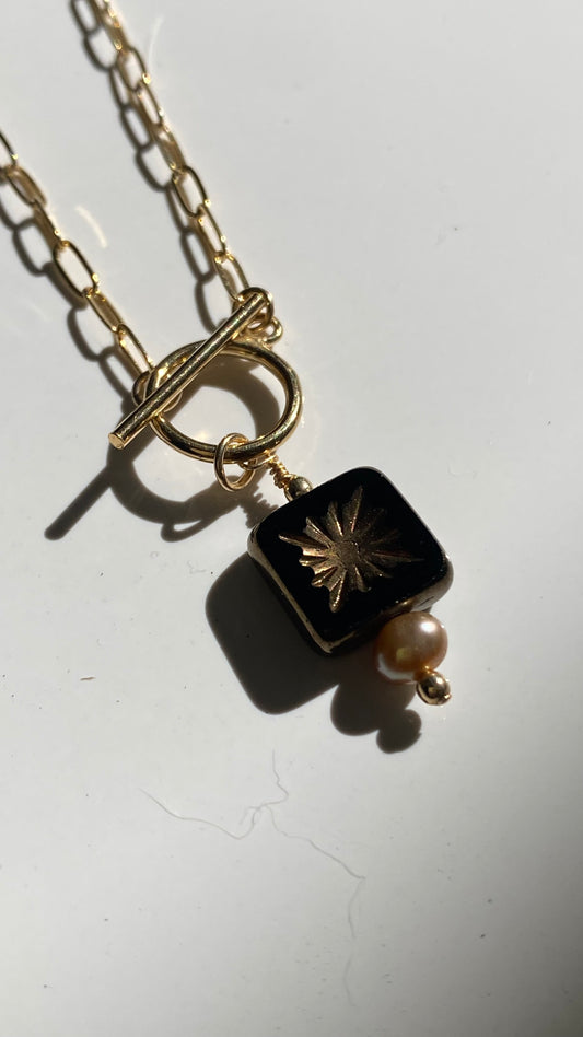 Starburst Mocha 100 year old Glass blown detail with Fresh Water Pearl accent 18in Necklace on  14K Gold Filled Paperclip chain