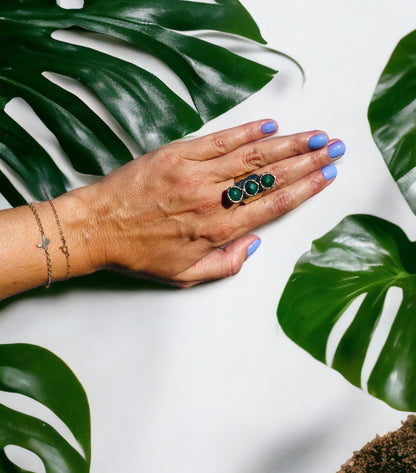 Emerald Three Stone Cuff Ring 24K Gold Overlay