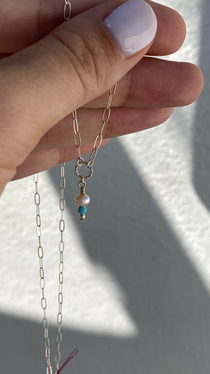 Arizona Turquoise • Fresh Water Pearl trio • dainty Necklace Sterling Silver 18’
