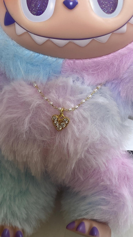 Labubu | Mini Necklace with gem charm | Tiny Heart charm Necklace 5 inches with a clasp