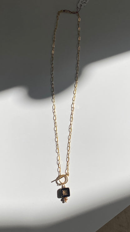 Starburst Mocha 100 year old Glass blown detail with Fresh Water Pearl accent 18in Necklace on  14K Gold Filled Paperclip chain
