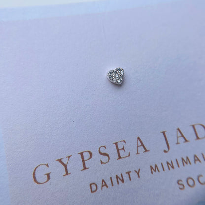 Mini Silver jeweled Heart stud earrings
