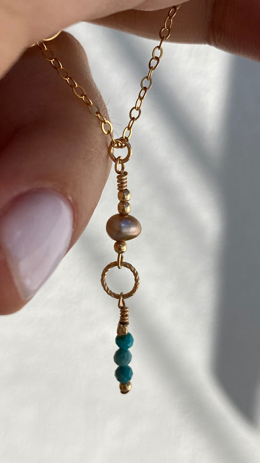 Drop down Turquoise FW Pearl drop Necklace 18’ 14K Gold Filled