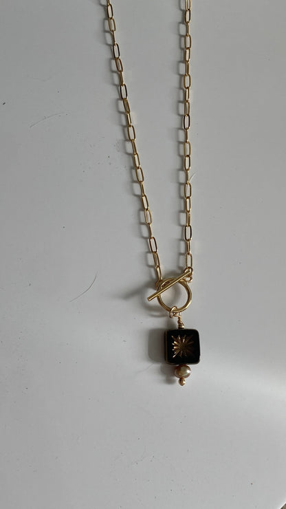 Starburst Mocha 100 year old Glass blown detail with Fresh Water Pearl accent 18in Necklace on  14K Gold Filled Paperclip chain