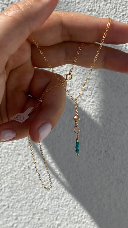 Drop down Turquoise FW Pearl drop Necklace 18’ 14K Gold Filled