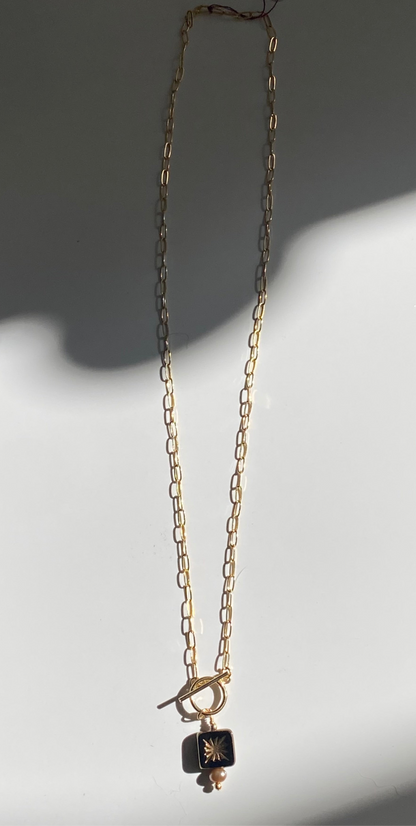Starburst Mocha 100 year old Glass blown detail with Fresh Water Pearl accent 18in Necklace on  14K Gold Filled Paperclip chain