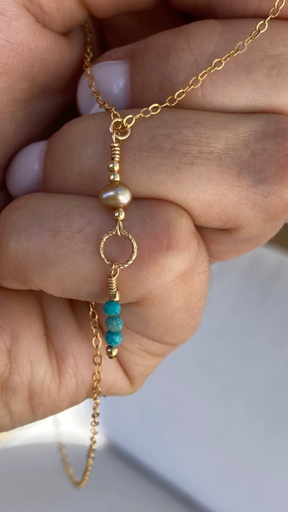 Drop down Turquoise FW Pearl drop Necklace 18’ 14K Gold Filled